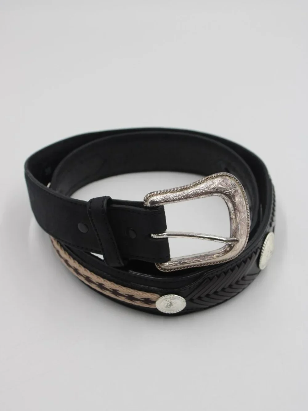 Tony Lama Western Black Leather Woven Concho Belt Size 36 Cowboy Silver Buckle